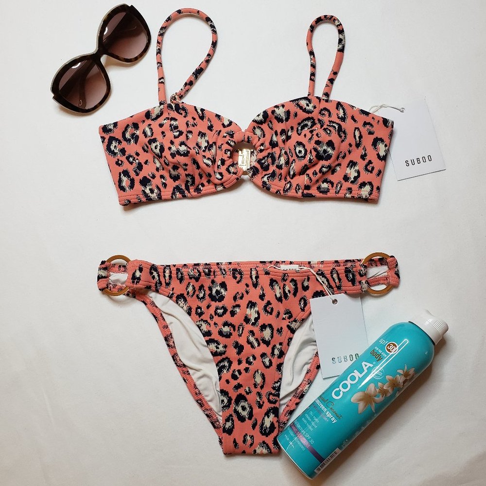 SUBOO Cora Ring Bikini Top + Bottom in Coral Leopard Print Size S Brand New NWT